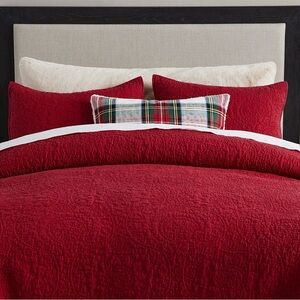 Pottery Barn Queen Belgian Flax Linen Floral Stitch Quilt with 2 shams